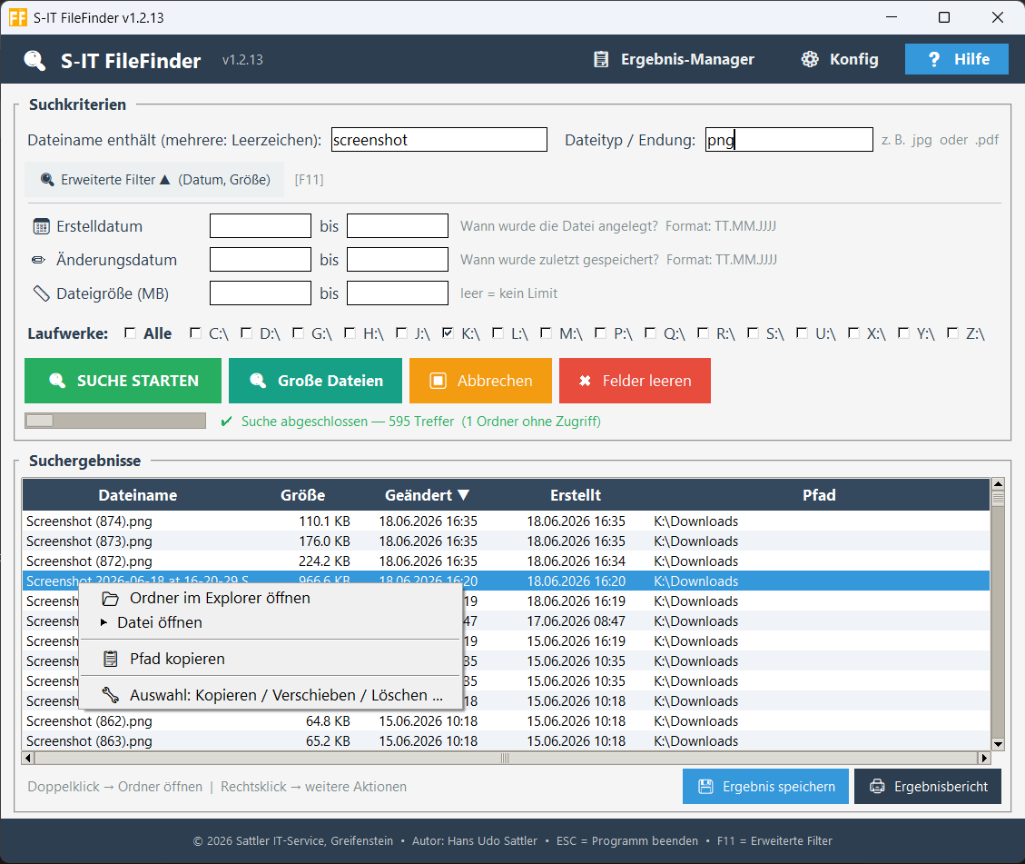 S-IT FileFinder – Hauptfenster mit Suchergebnissen und Kontextmenü