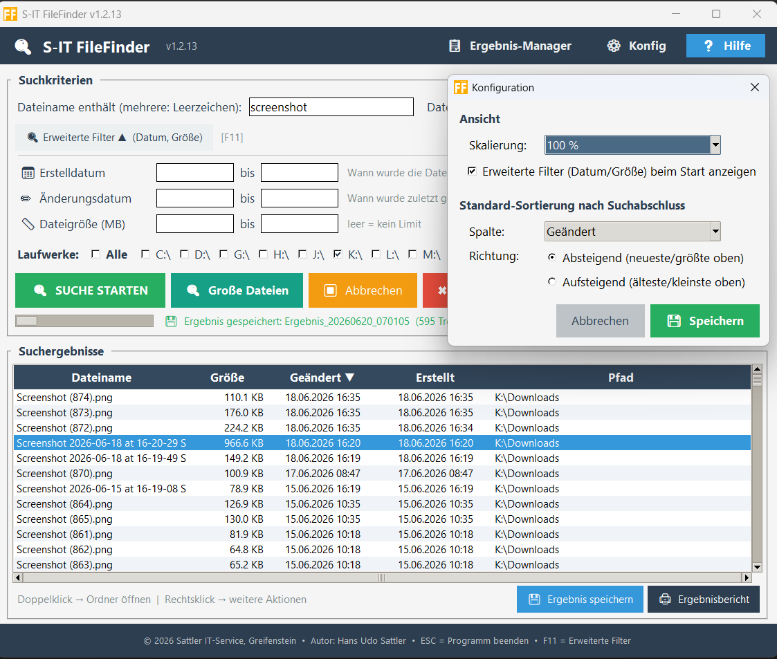 S-IT FileFinder – Konfigurationsdialog mit Skalierung und Standard-Sortierung
