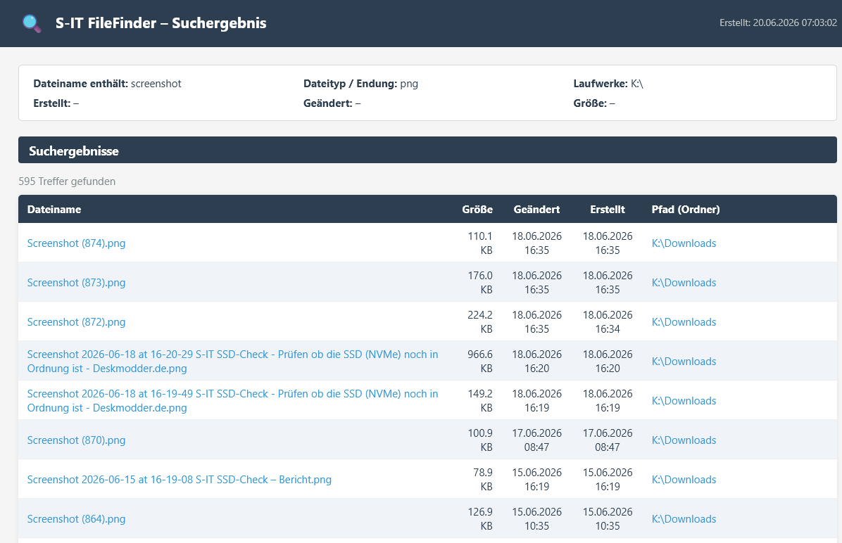 S-IT FileFinder – HTML-Ergebnisbericht mit anklickbaren Pfaden