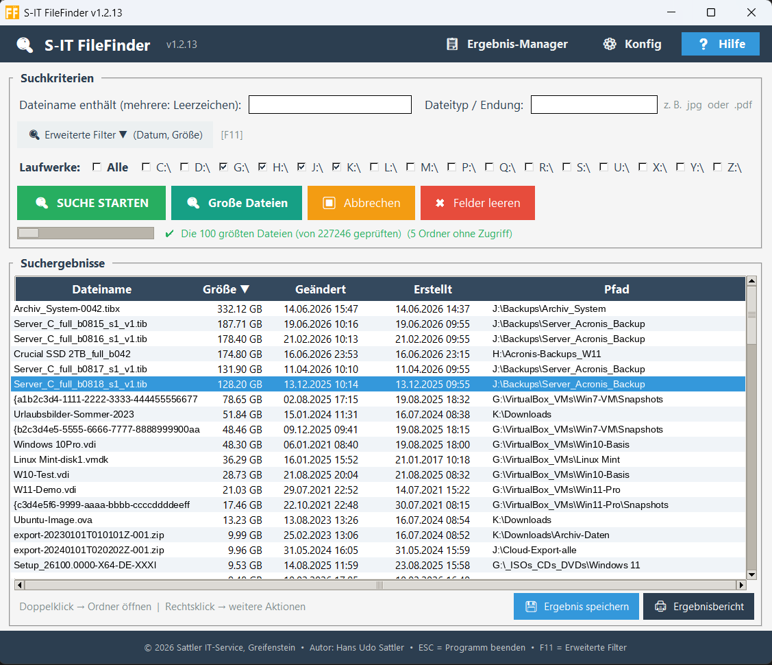S-IT FileFinder – Ansicht der 100 größten Dateien