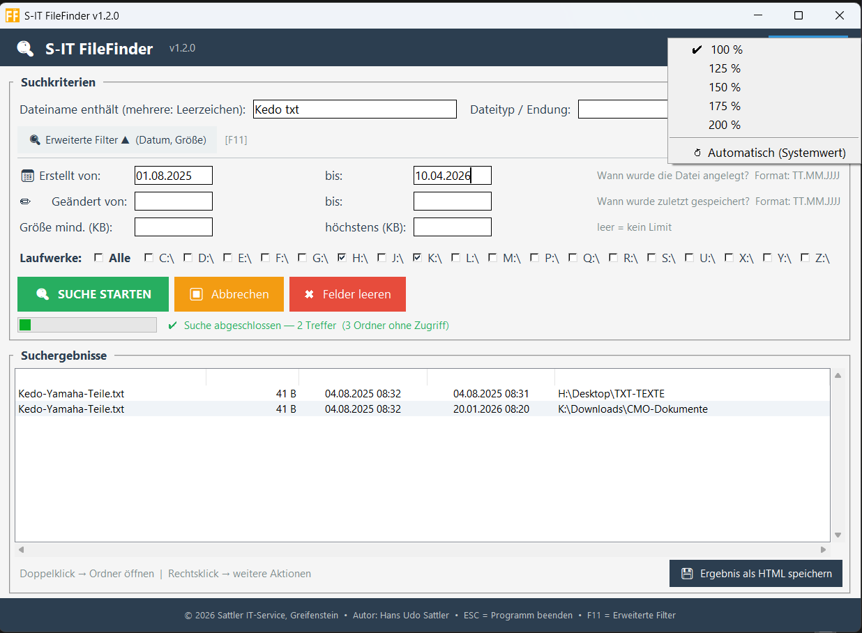 S-IT FileFinder v1.2.0 – Hauptfenster mit geöffneten erweiterten Filtern (Datum und Größe)
