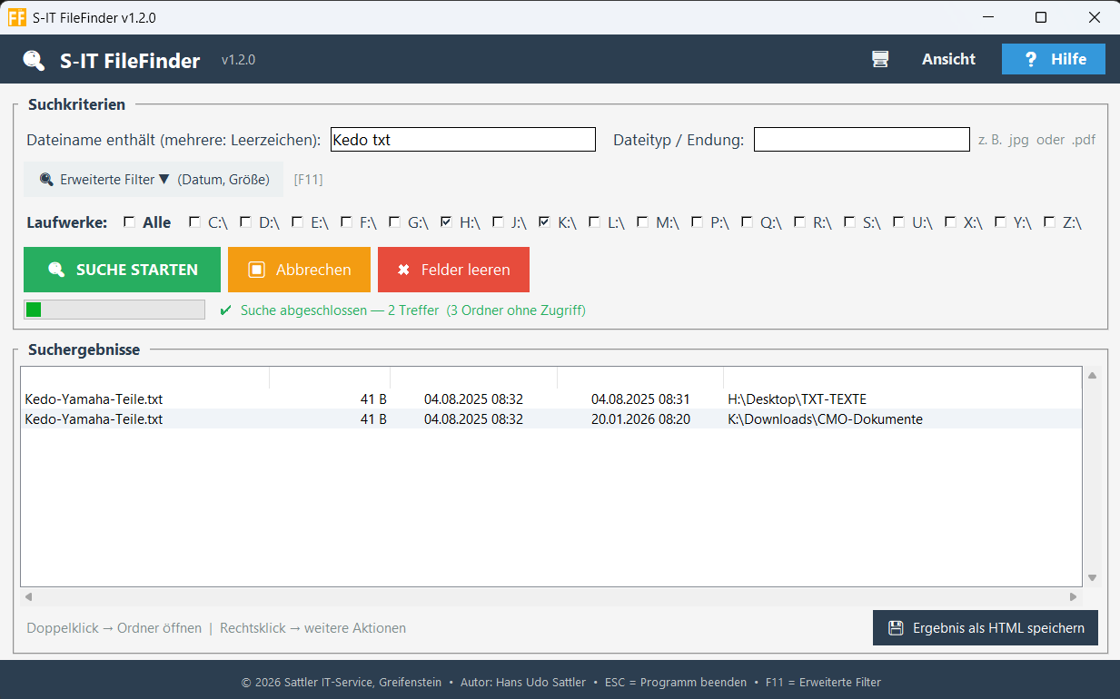 S-IT FileFinder v1.2.0 – Hauptfenster mit einfacher Suche (erweiterte Filter eingeklappt)