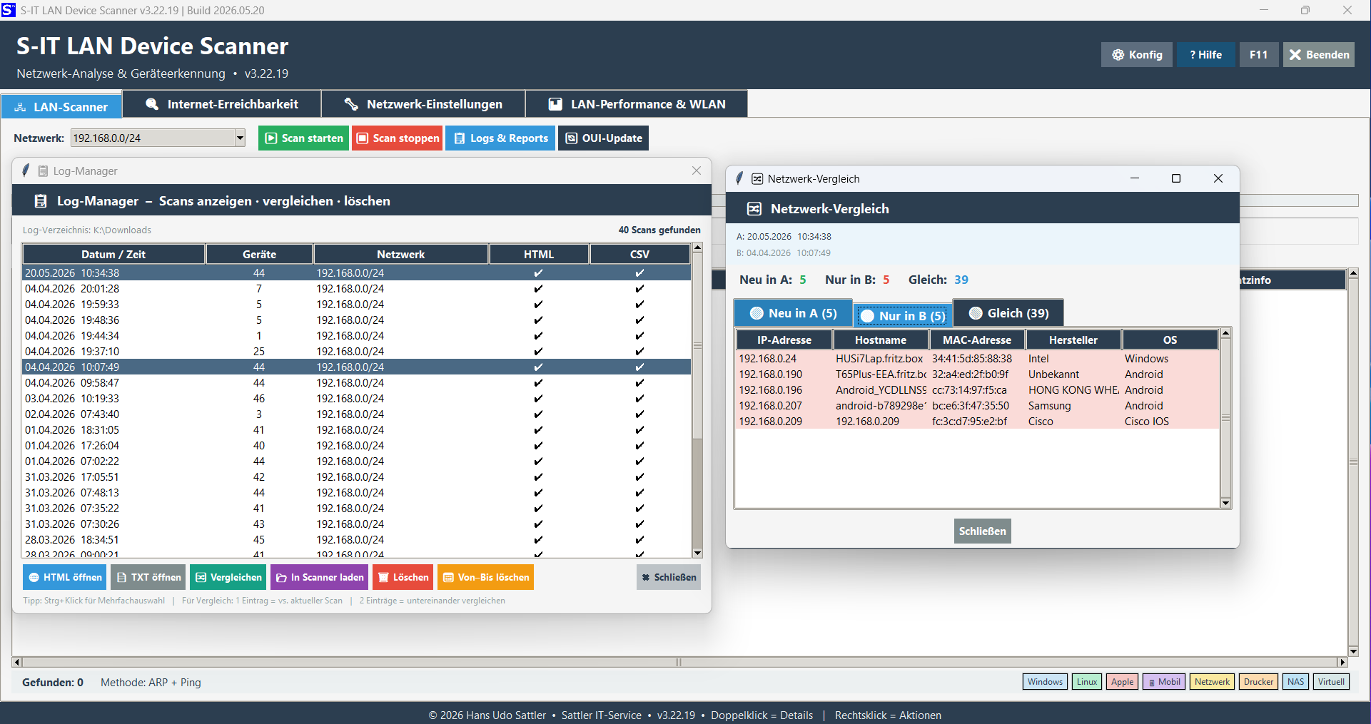 Log-Manager mit Scan-Vergleich – Netzwerk-Vergleich zweier Scans