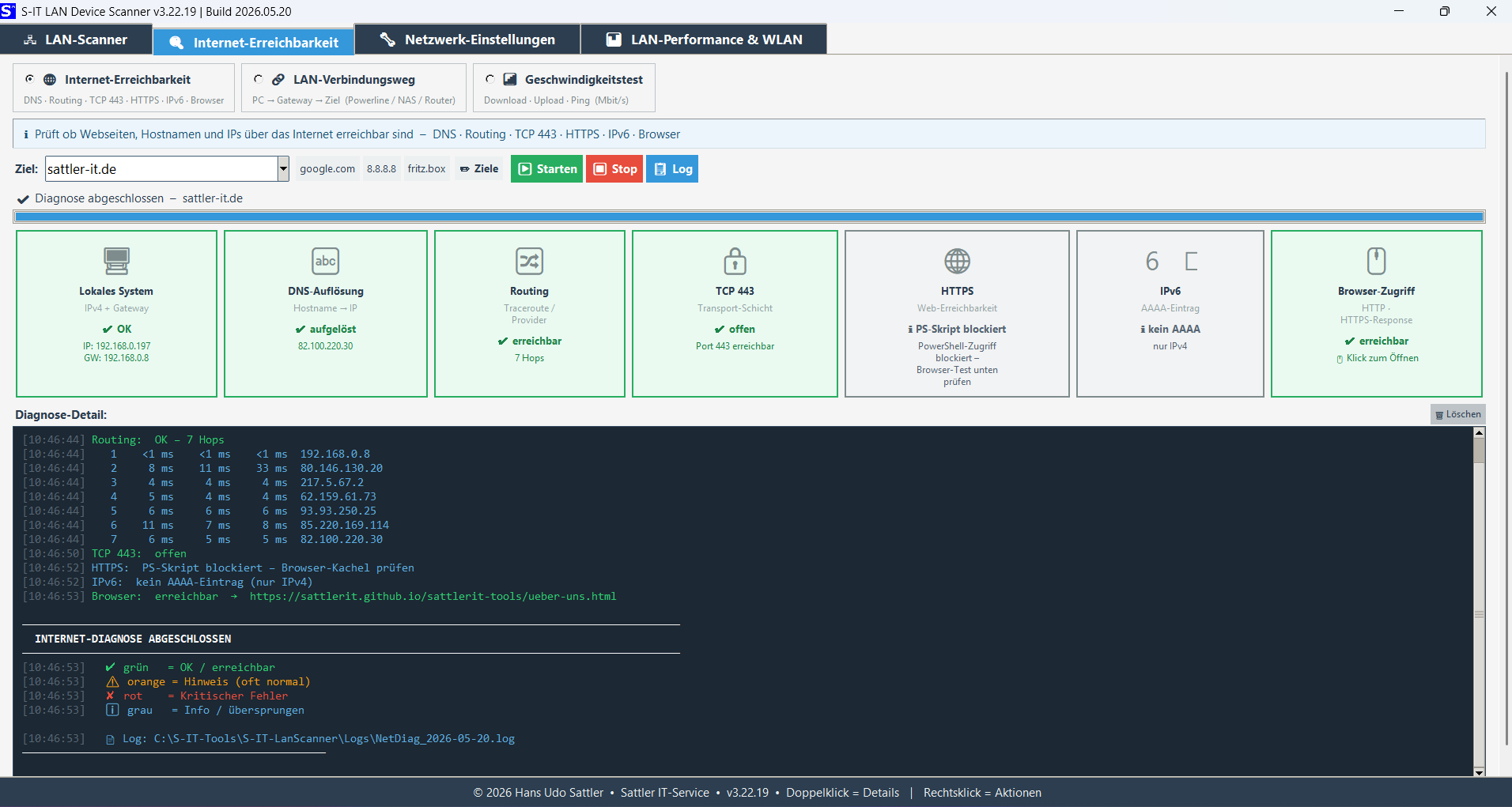 LAN-Performance & WLAN – Dauertest mit Live-Kurve und WLAN-Verbindungsstatus