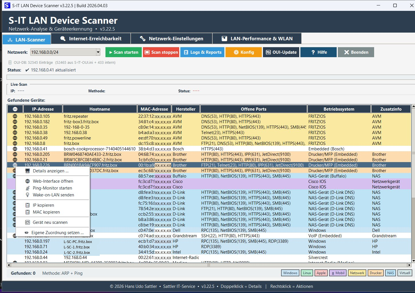 Geräteliste mit erkannten Netzwerkgeräten, Herstellern und Betriebssystemen