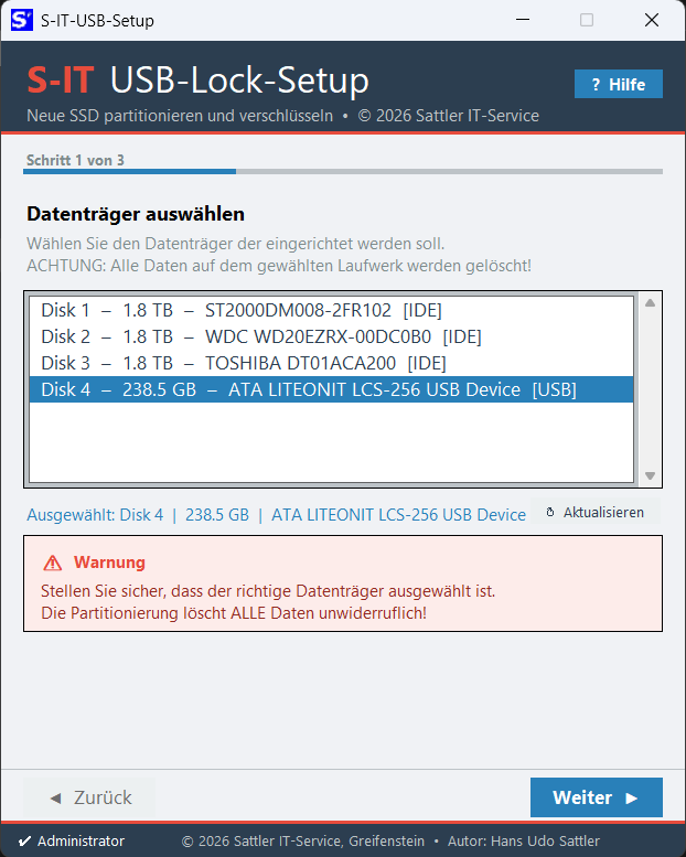 UsbSetup – Schritt 1: Datenträger auswählen