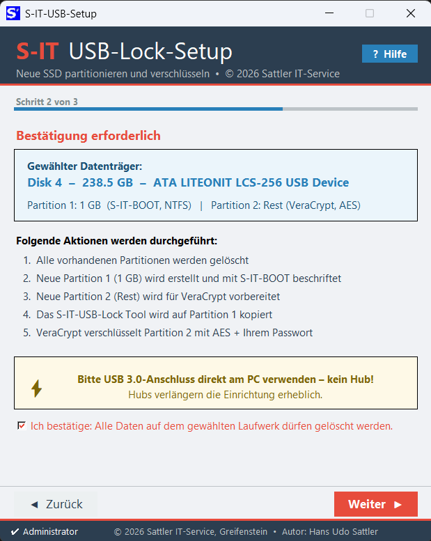 UsbSetup – Schritt 2: Bestätigung