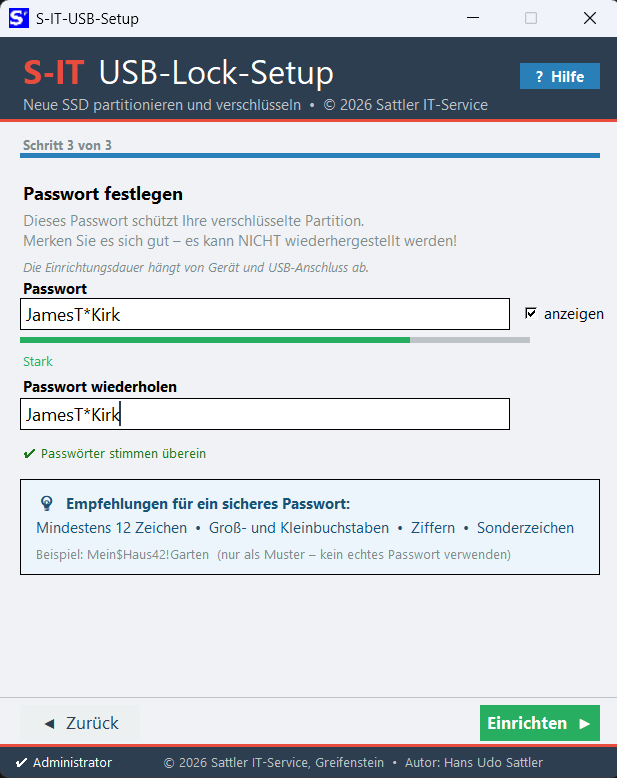 UsbSetup – Schritt 3: Passwort